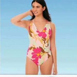 Beach Betty By Miracle Brands 1 Pc Swimsuit Floral Tie Back XL NWT V Neck